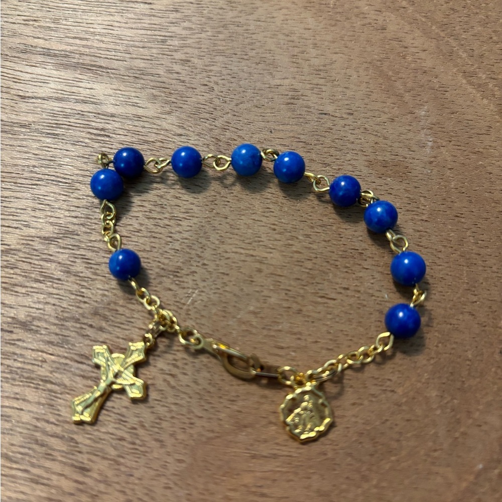 Religious real Lapis gold tone 7” bracelet